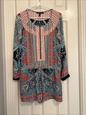 BCBG Maxazria Paisley Print Long-Sleeve Romper  in Coral and Teal